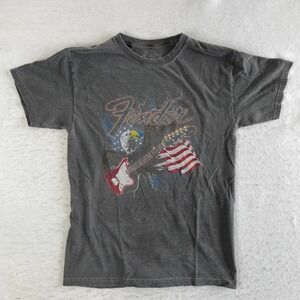 Fender Graphic‎ T-Shirt Mens Medium Gray American Flag Eagle Guitar Graphic Tee